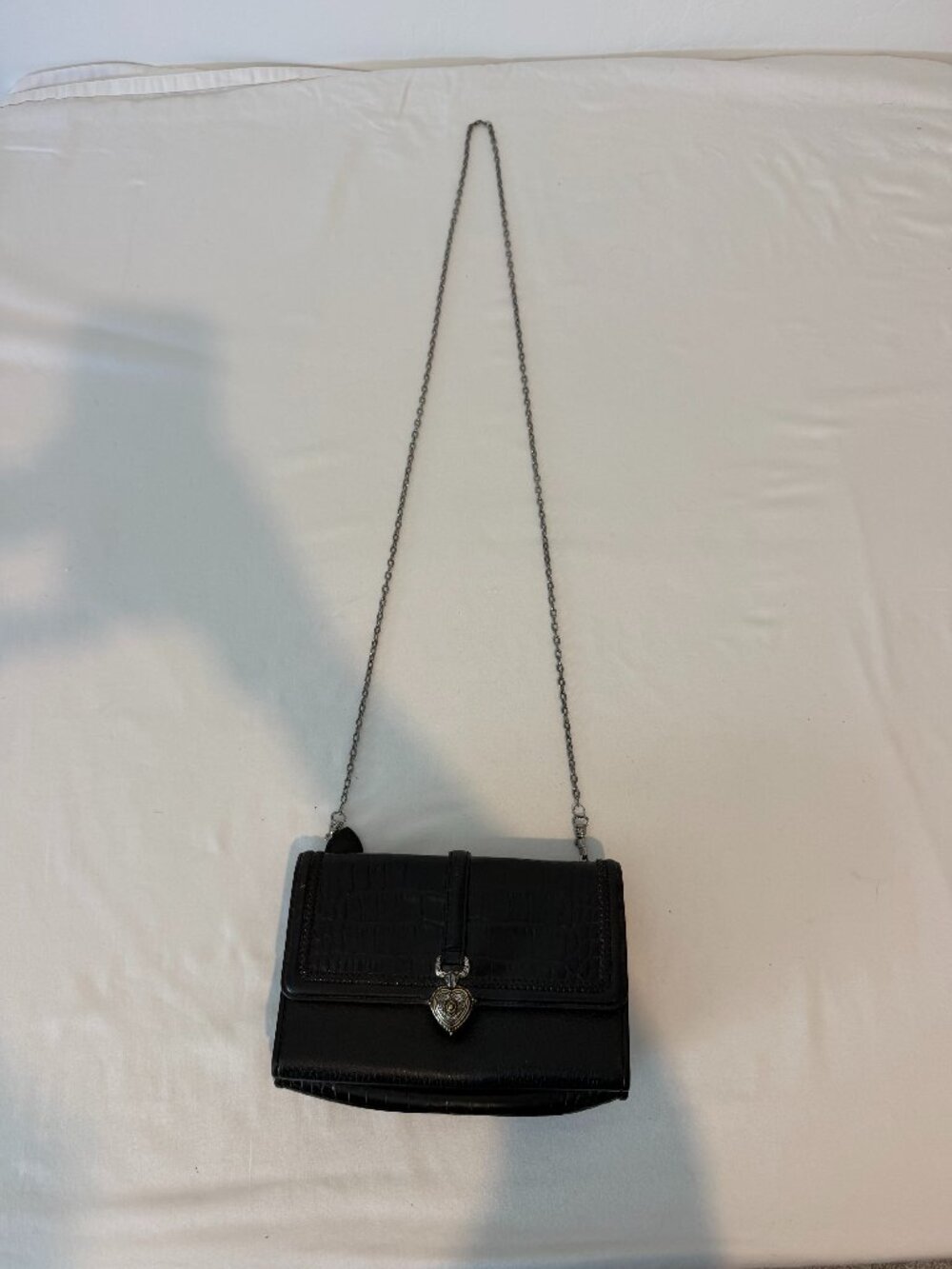 Brighton Black Leather Croc Embossed Wallet on Chain Crossbody Purse